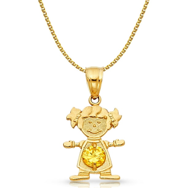 Ioka 14K Yellow Gold Birthstone Cubic Zirconia CZ Girl Charm Pendant For Necklace or Chain 